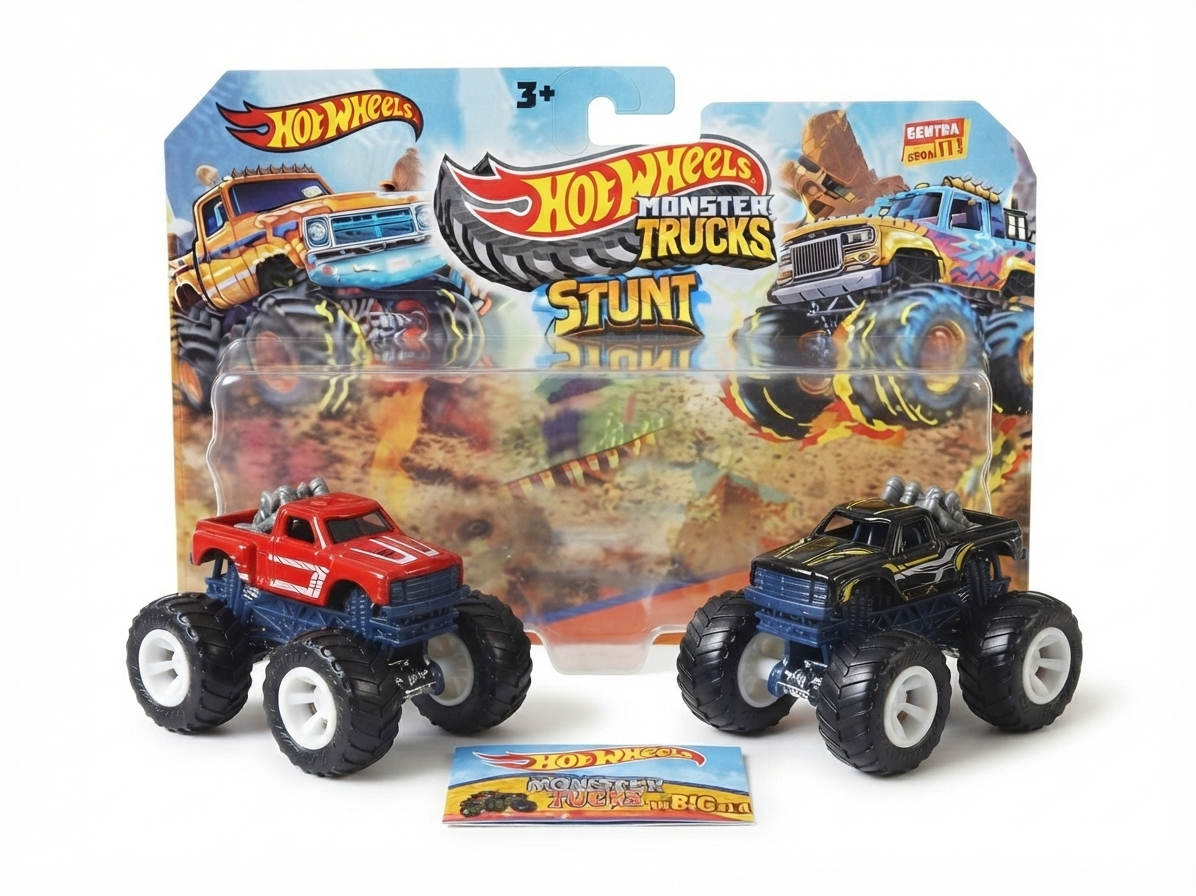 Hot Wheels Monster Trucks Stunt Scale Red and Black Die-Cast Metal Toy Trucks 2-Pack