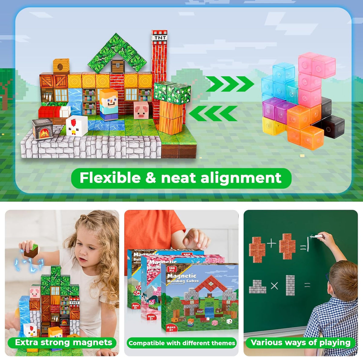 Minecraft 100-Piece Magnetic Building Blocks Set with Storage Box
