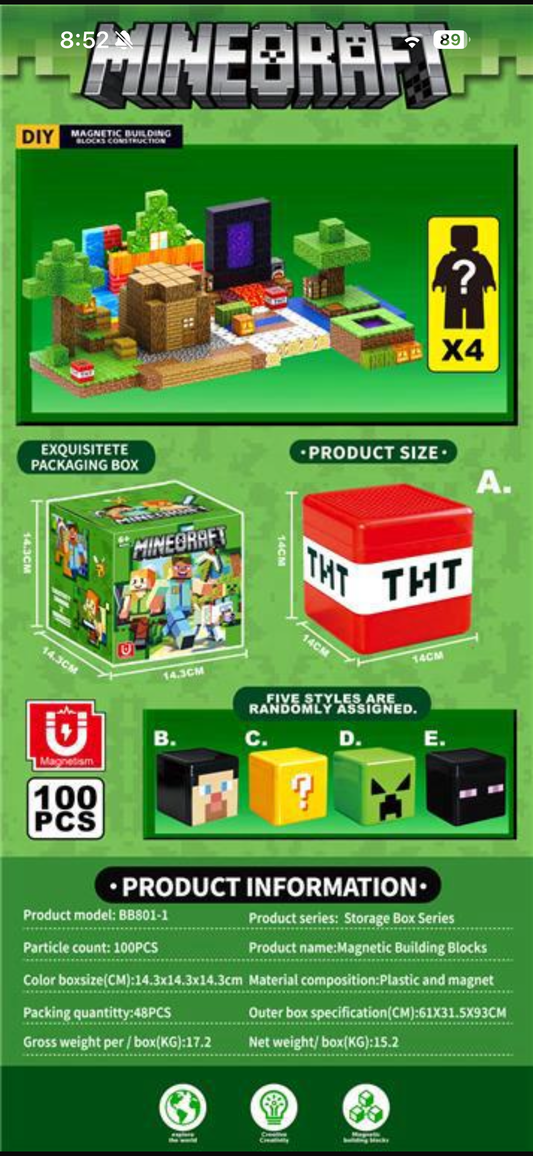 Minecraft 100-Piece Magnetic Building Blocks Set with Storage Box