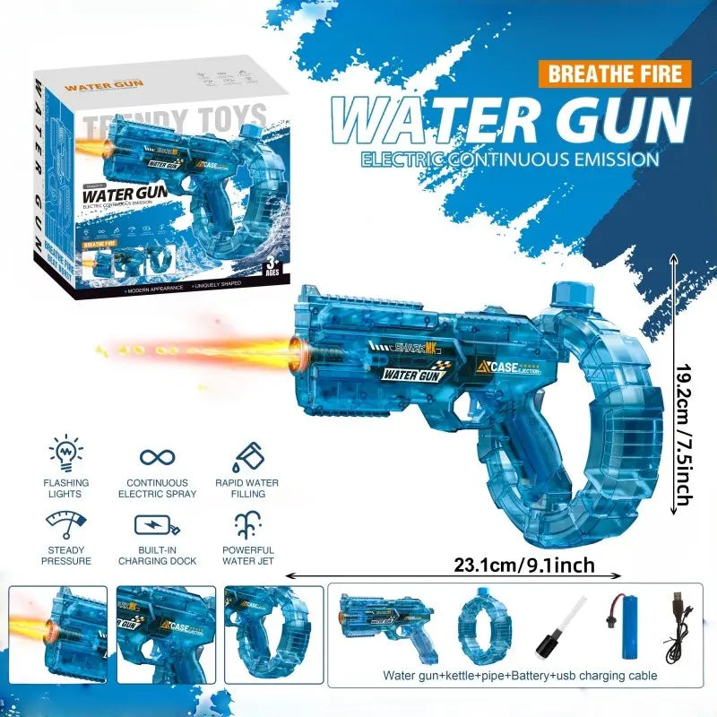 Electric Automatic Water Gun with Continuous Burst Technology – High-Pressure Rapid-Fire Water Blaster with LED Lights & USB Rechargeable Battery for Kids & Adults – Transparent Blue Shark Series