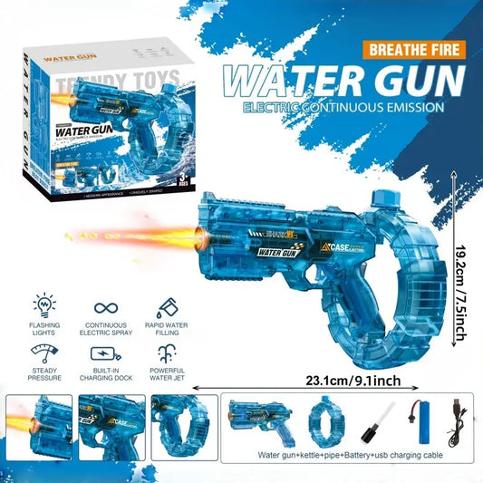 Electric Automatic Water Gun with Continuous Burst Technology – High-Pressure Rapid-Fire Water Blaster with LED Lights & USB Rechargeable Battery for Kids & Adults – Transparent Blue Shark Series