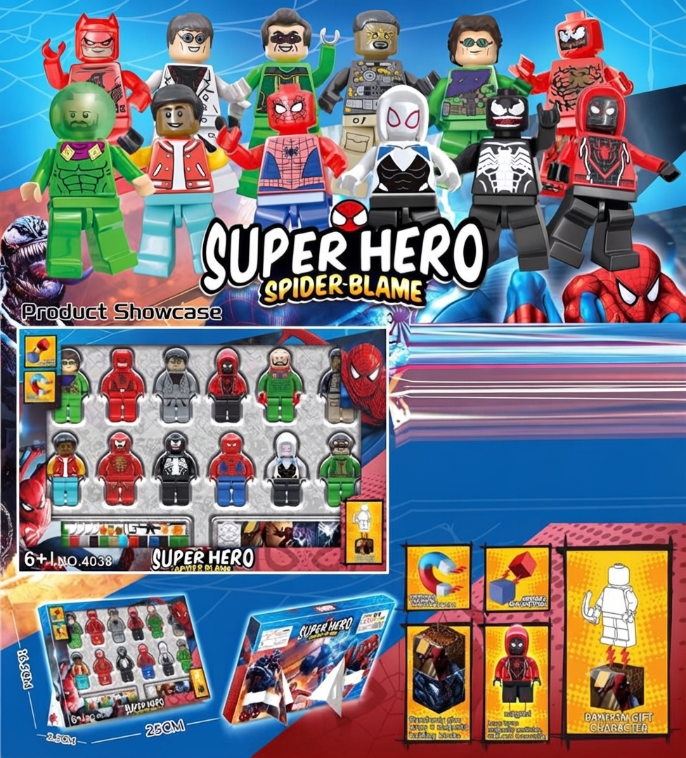 Super Hero Spider-Blame 6+1 Magnetic Building Blocks 12 peice  Figure Set