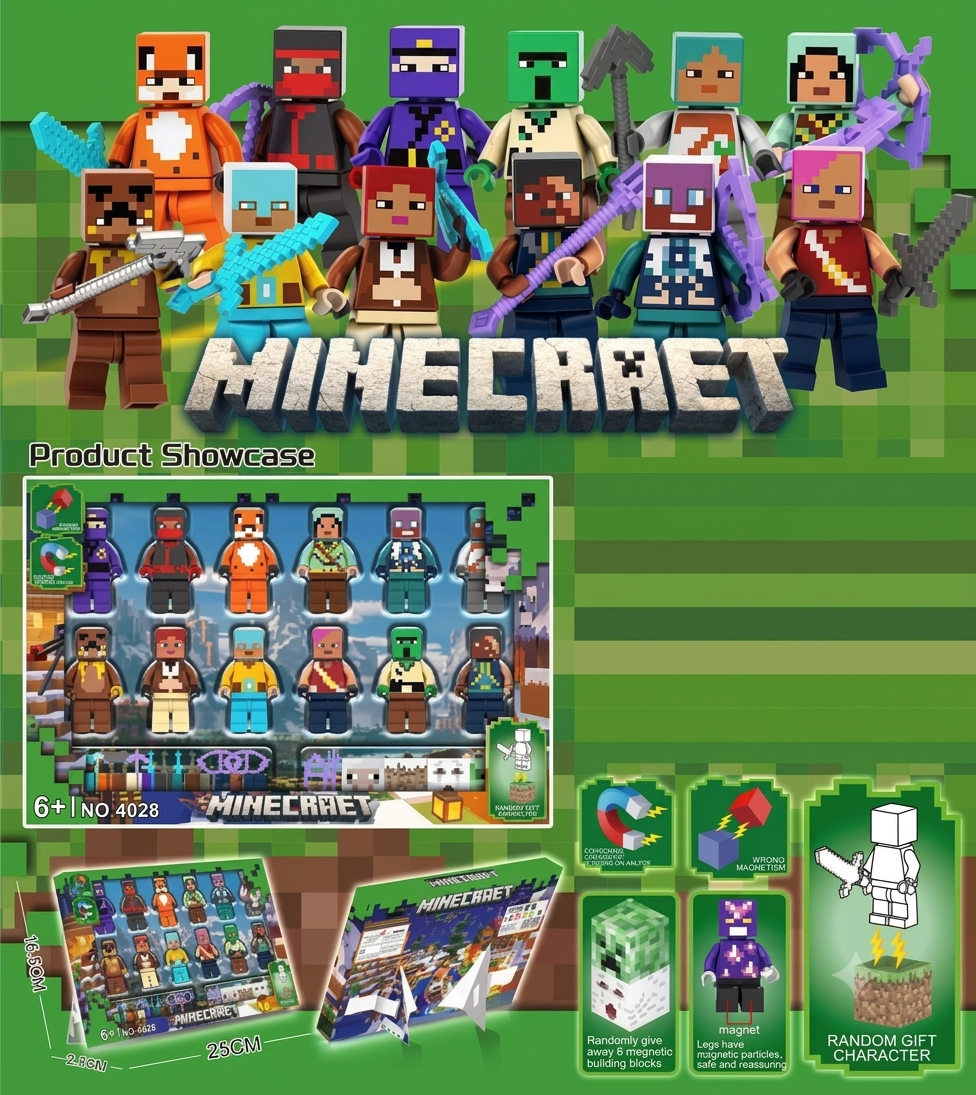 Minecraft Themed 6+1 Magnetic Building Blocks Action Figure Set 12 figures