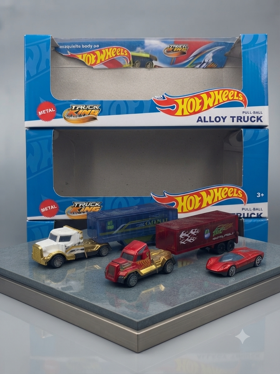 Hot Wheels Truck King Alloy Pull-Back Transporter – Diecast Metal Semi-Truck with Sports Car