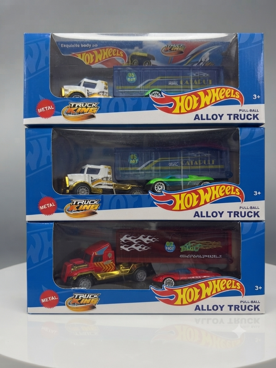 Hot Wheels Truck King Alloy Pull-Back Transporter – Diecast Metal Semi-Truck with Sports Car