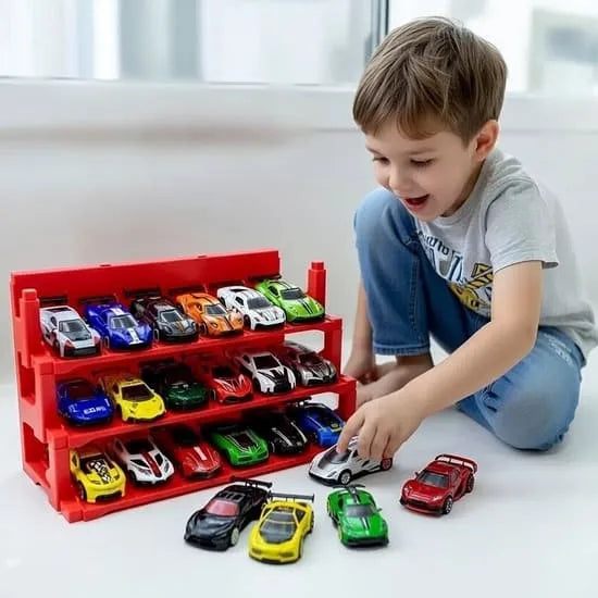 18-Piece Alloy Die-Cast Scale Model Toy Car Set with Display Stand