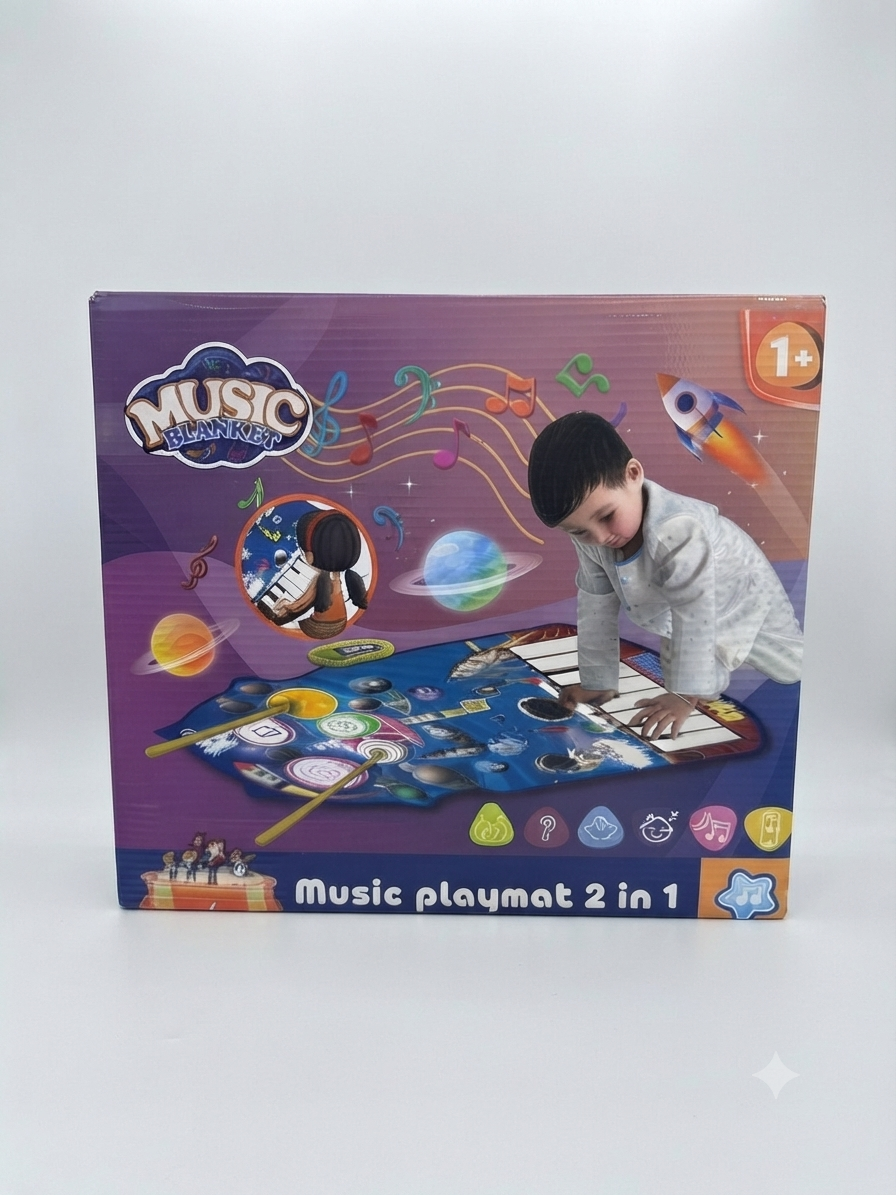 2-in-1 Space Theme Music Playmat with Piano & Drum Kit with Drumsticks