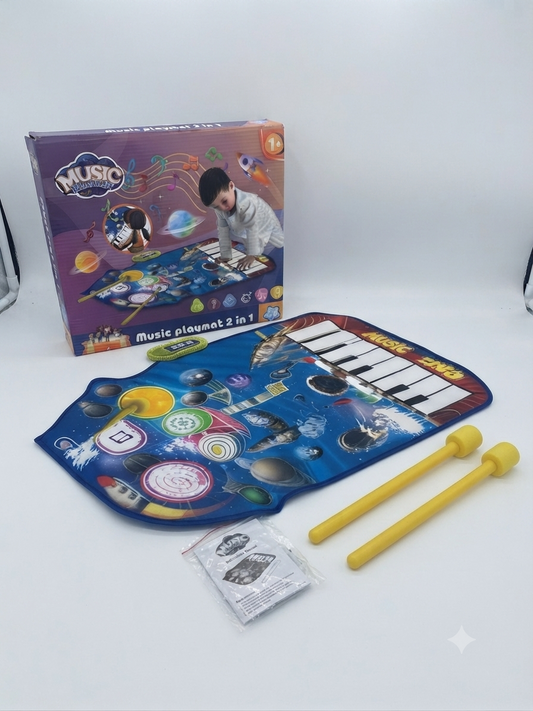 2-in-1 Space Theme Music Playmat with Piano & Drum Kit with Drumsticks