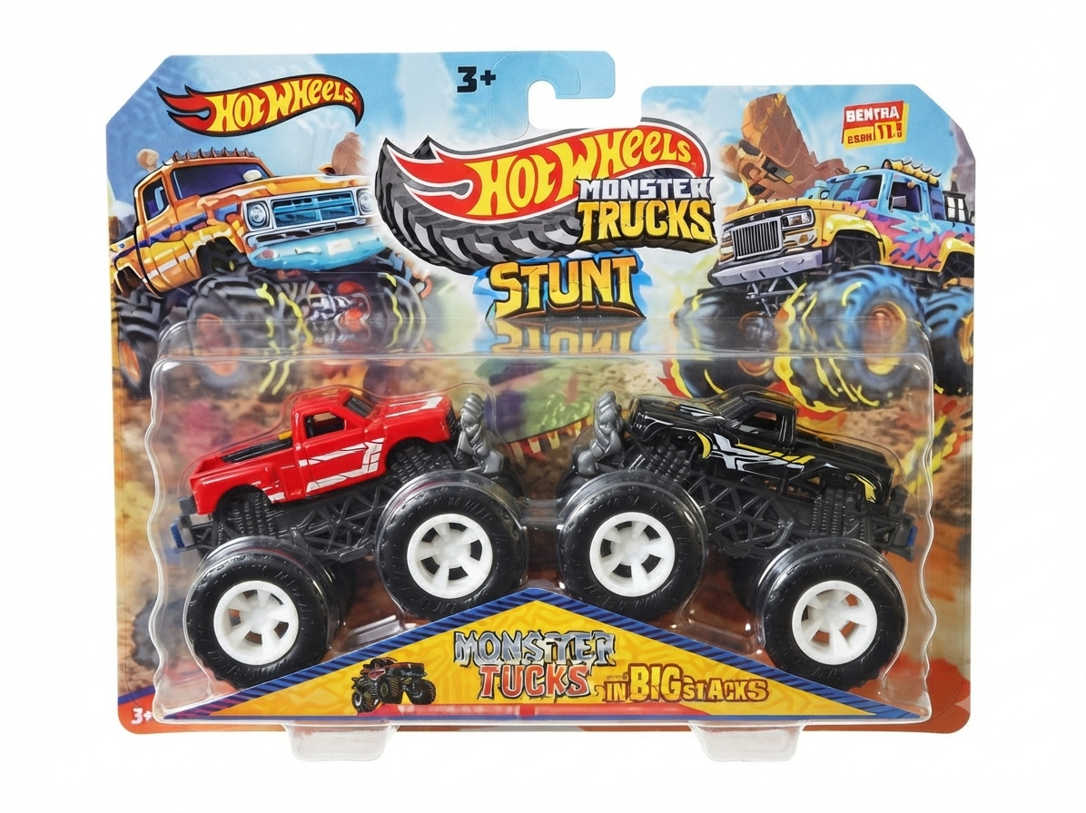Hot Wheels Monster Trucks Stunt Scale Red and Black Die-Cast Metal Toy Trucks 2-Pack
