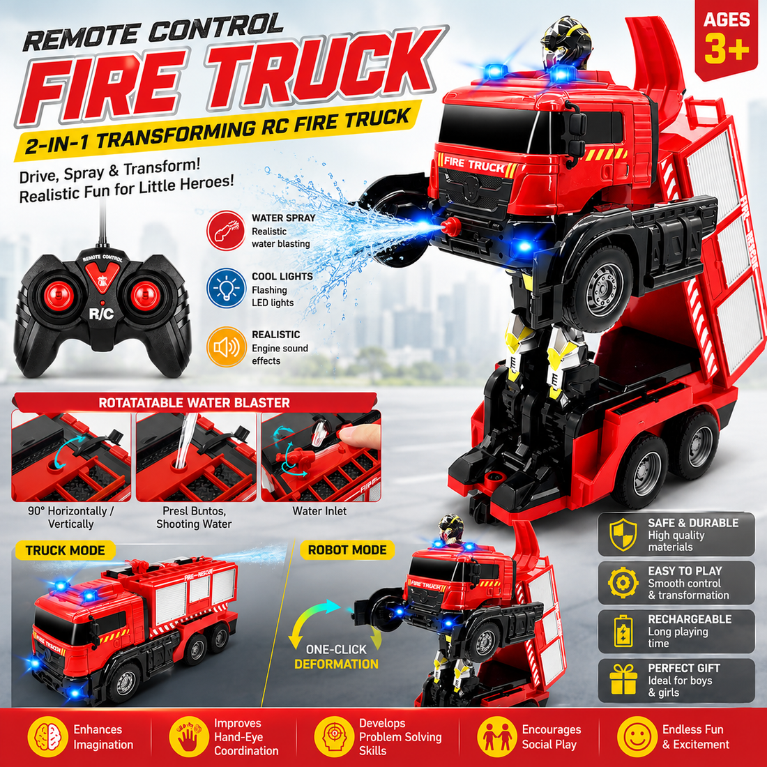 RC Transforming Fire Rescue Truck With Water Spray And Lights -