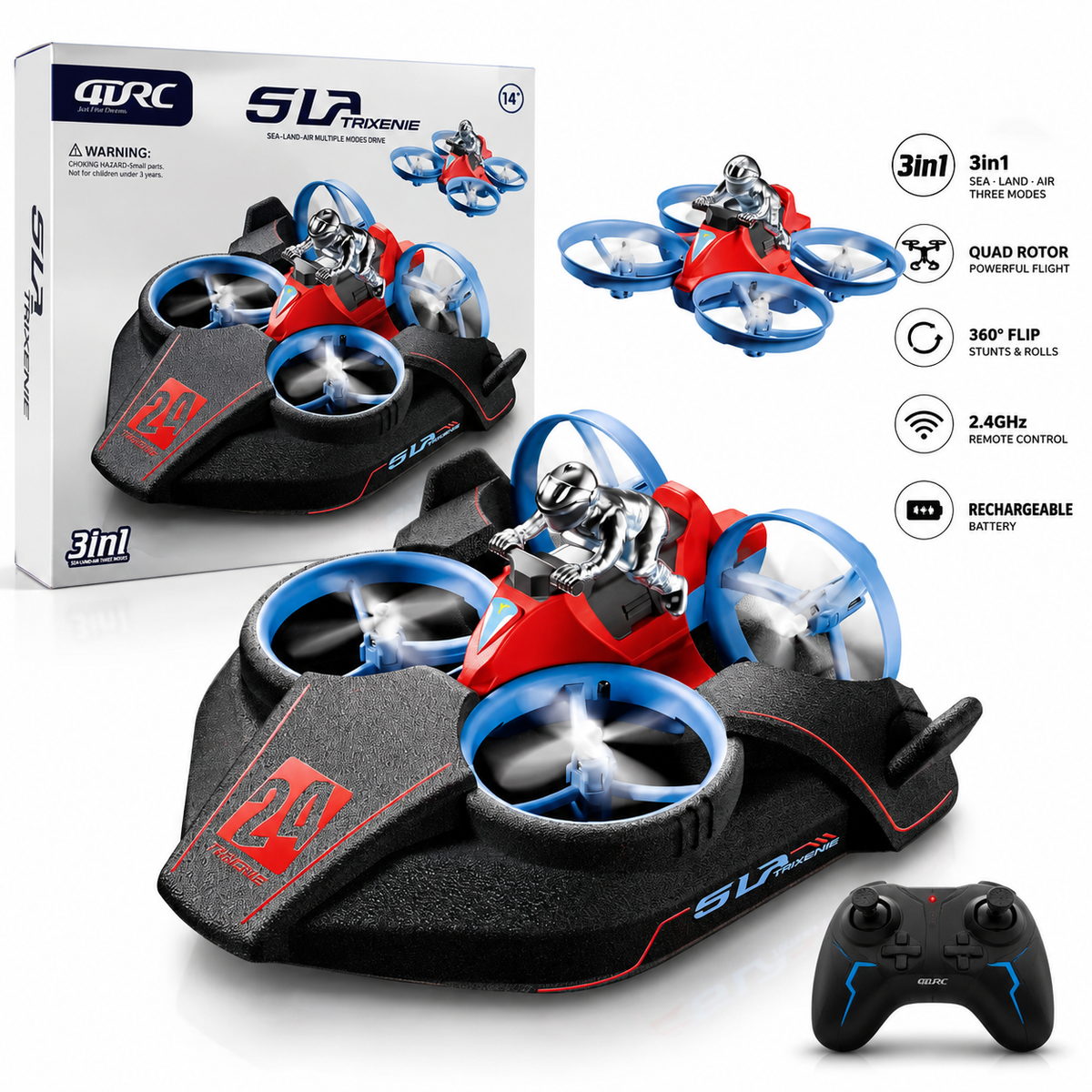 SLA Trixenie 3-in-1 RC Hovercraft Drone - Land, Air & Water Remote Control Toy