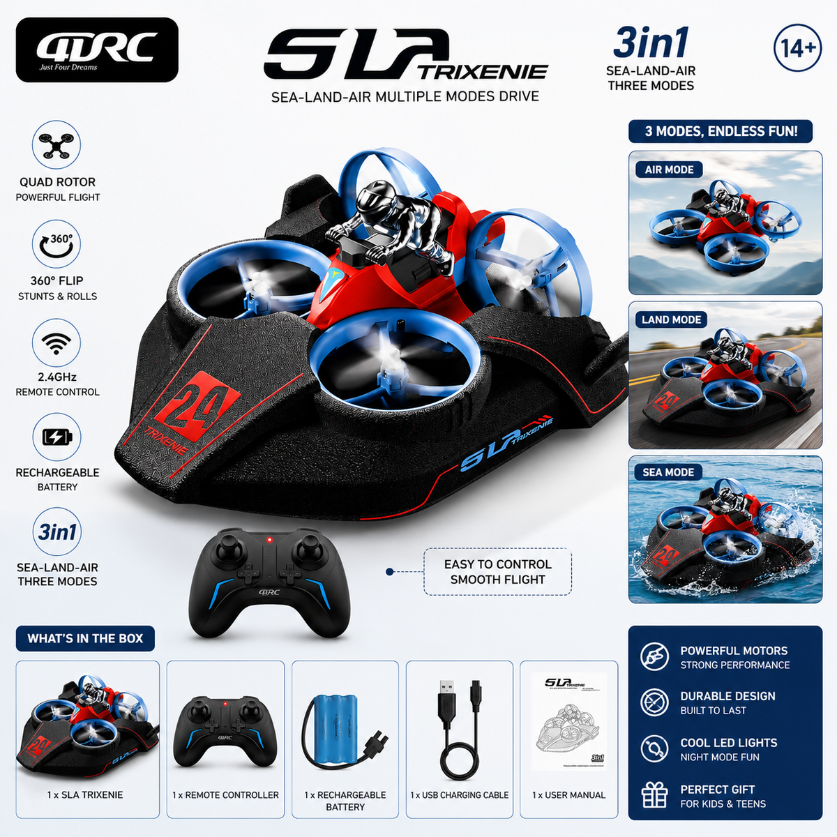 SLA Trixenie 3-in-1 RC Hovercraft Drone - Land, Air & Water Remote Control Toy
